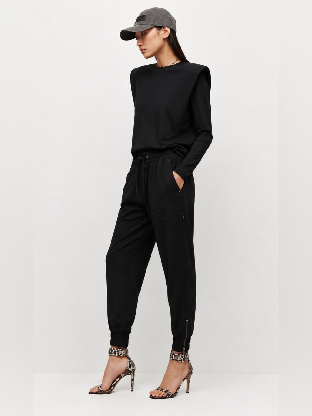 AllSaints Auden Trousers Black Jogger Pants US 12 EU 40 Zip Ankle Stretch